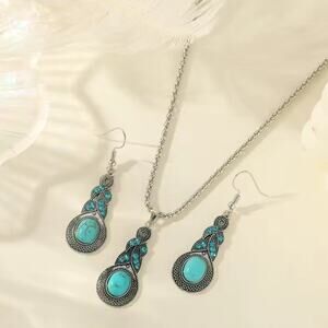 Vintage Turquoise Drop Necklace & Earrings Set | Silver Tone Alloy